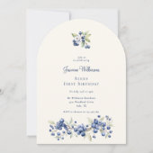 Blue Watercolor Berry First Birthday Party Einladung (Vorderseite)