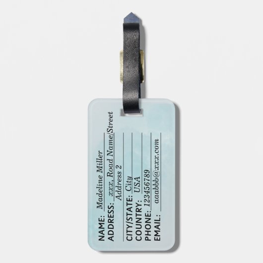 Blue Watercolor Blätter Name Monogram Gepäckanhänger (Rückseite vertikal)