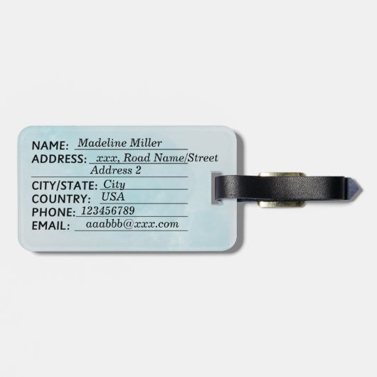 Blue Watercolor Blätter Name Monogram Gepäckanhänger (Rückseite horizontal)