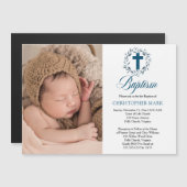 Blue Watercolor Blätter Wreath Boy Foto Taufe Ma Magneteinladung (Vorne/Hinten)