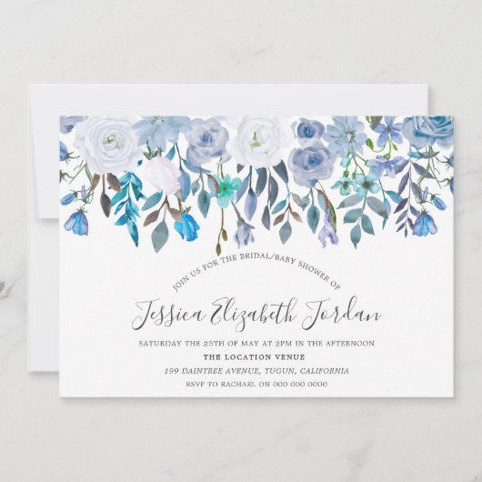 Blue Watercolor Blume Baby oder Brautparty Einladung (Vorderseite)