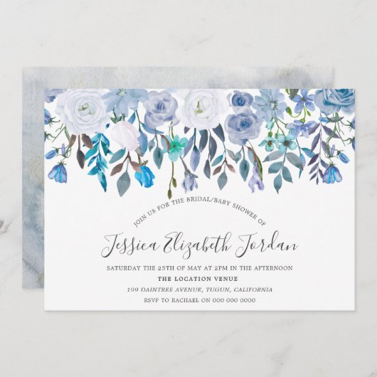 Blue Watercolor Blume Baby oder Brautparty Einladung (Vorne/Hinten)