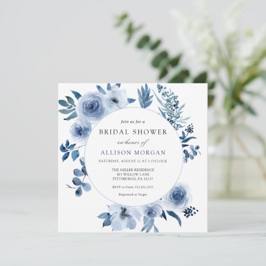 Blue Watercolor Blume Bridal Dusche Einladung (Stehend Vorderseite)