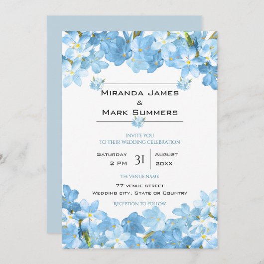 Blue Watercolor Blume Elegante Hochzeit Einladung (Vorne/Hinten)