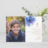 Blue Watercolor Blume Foto Erste Heilige Kommune Dankeskarte (Stehend Vorderseite)