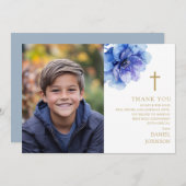 Blue Watercolor Blume Foto Erste Heilige Kommune Dankeskarte (Vorne/Hinten)