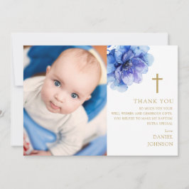 Blue Watercolor Blume Foto Taufe Christening Dankeskarte