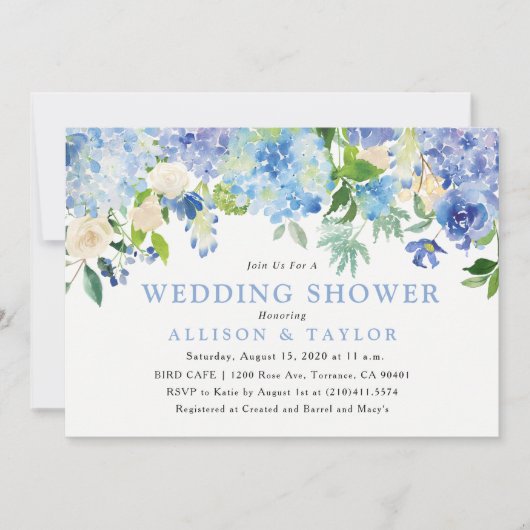 Blue Watercolor Blume Polterabend Einladung (Vorderseite)