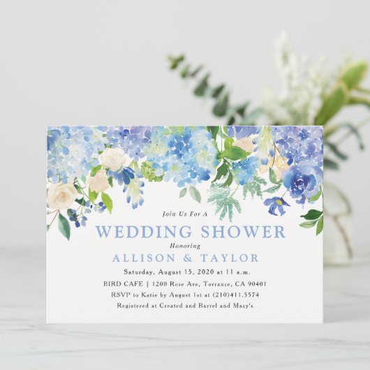 Blue Watercolor Blume Polterabend Einladung (Stehend Vorderseite)