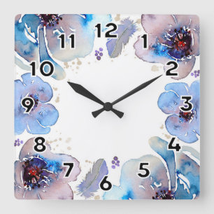 Blue Watercolor-Blume Quadratische Wanduhr