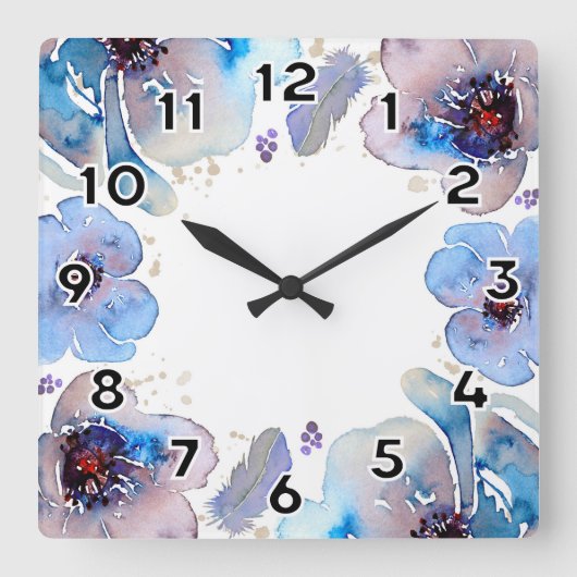 Blue Watercolor-Blume Quadratische Wanduhr (Vorderseite)