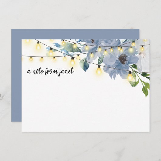 Blue Watercolor Blume & String Lights Note Card (Vorne/Hinten)