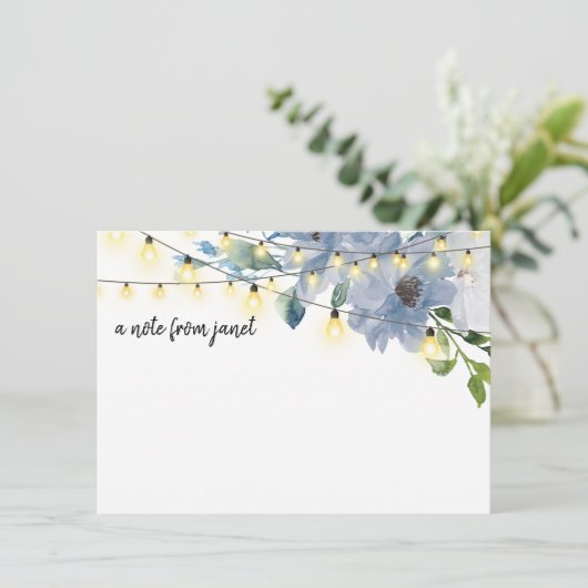 Blue Watercolor Blume & String Lights Note Card (Stehend Vorderseite)