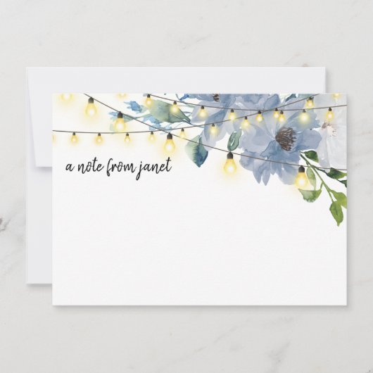 Blue Watercolor Blume & String Lights Note Card (Vorderseite)