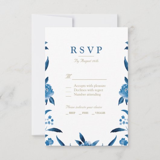 Blue Watercolor Blumengestein Chinoiserie Wedding RSVP Karte (Vorderseite)