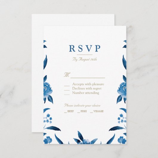 Blue Watercolor Blumengestein Chinoiserie Wedding RSVP Karte (Vorne/Hinten)