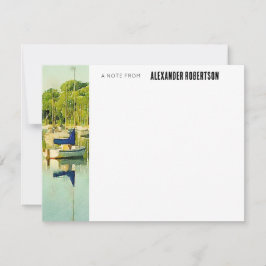 Blue Watercolor Boat Scene Flat Note Card Mitteilungskarte