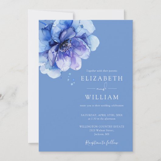 Blue Watercolor Botanical Floral QR Code Hochzeit Einladung (Vorderseite)