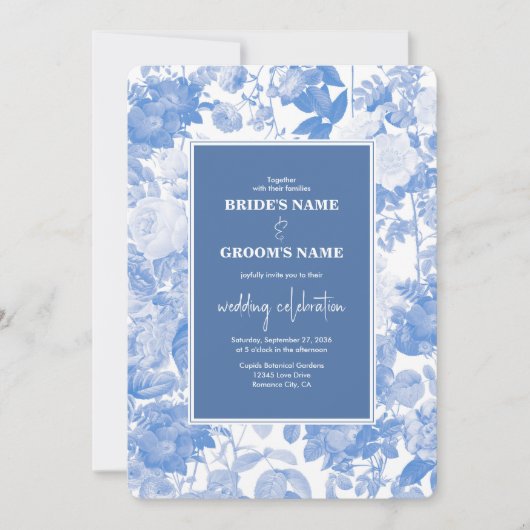 Blue Watercolor Botanical Florals Wedding Einladung (Vorderseite)