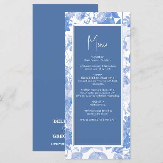 Blue Watercolor Botanical Florals Wedding Menükarte (Vorne/Hinten)