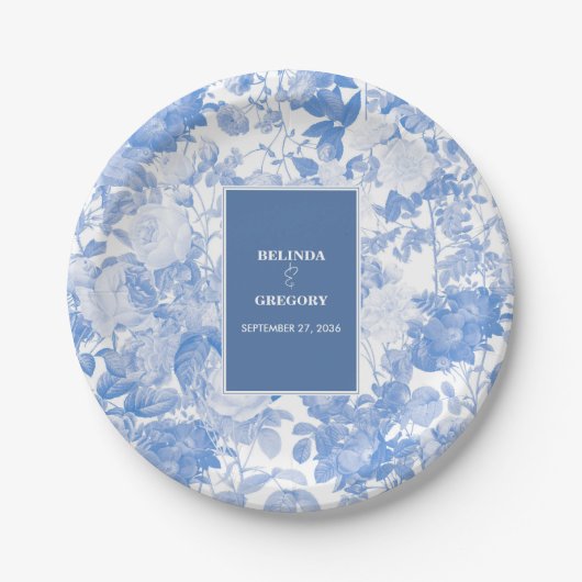 Blue Watercolor Botanical Florals Wedding Pappteller (Vorderseite)