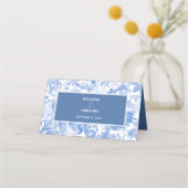 Blue Watercolor Botanical Florals Wedding Platzkarte (Rückseite)