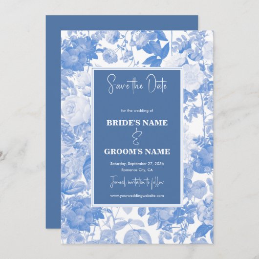 Blue Watercolor Botanical Florals Wedding Save The Date (Vorne/Hinten)