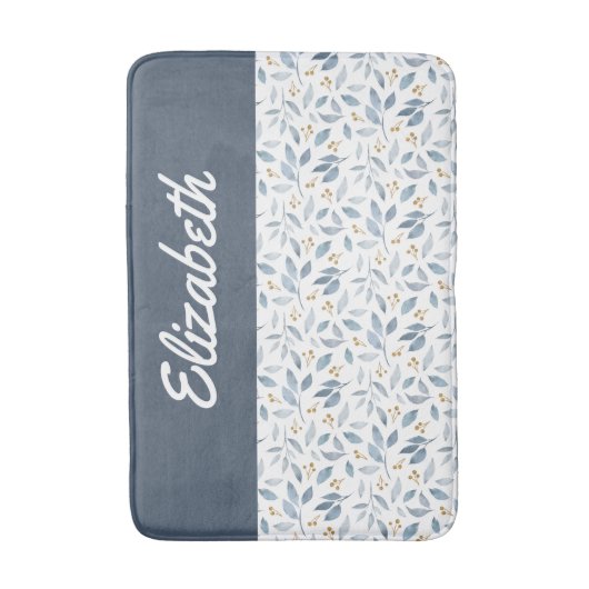Blue Watercolor Botanical Pattern Custom Name Badematte (Vorderseite Vertikal)