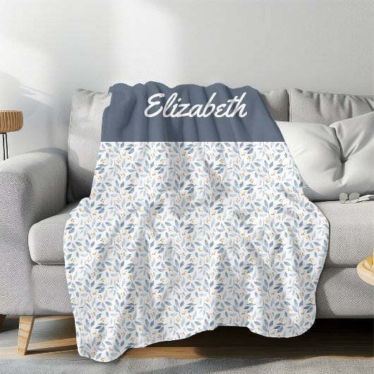 Blue Watercolor Botanical Pattern Custom Name Fleecedecke