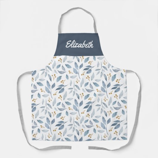 Blue Watercolor Botanical Pattern Custom Name Schürze (Vorderseite)