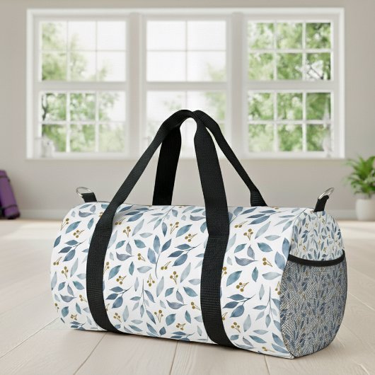 Blue Watercolor Botanical Pattern Duffle Bag