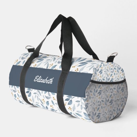 Blue Watercolor Botanical Pattern Name Duffle Bag (Rechte Ecke)