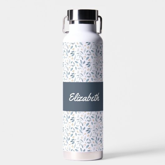 Blue Watercolor Botanical Pattern Name Trinkflasche (Vorne)