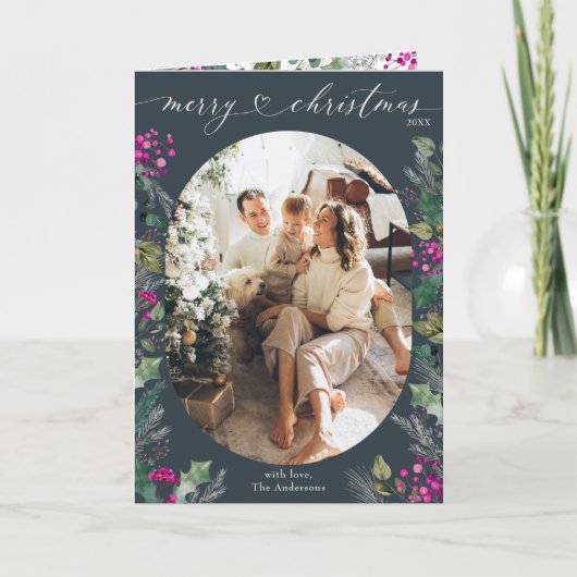 Blue Watercolor Botanicals 1 Foto Frohe Weihnachte Karte (Vorderseite)