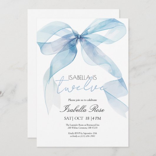 Blue Watercolor Bow Birthday Einladung (Vorne/Hinten)