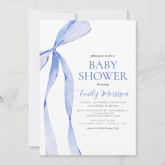 Blue Watercolor Bow Boy Baby Dusche Einladung (Vorderseite)