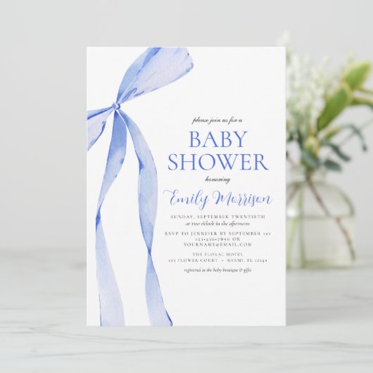 Blue Watercolor Bow Boy Baby Dusche Einladung (Stehend Vorderseite)