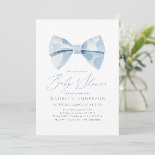 Blue Watercolor Bowtie Boy Baby Dusche Einladung (Stehend Vorderseite)