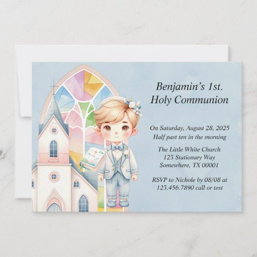 Blue Watercolor Boy 1st. Kommune Einladung (Vorderseite)