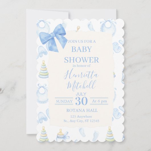 Blue Watercolor Boy Baby Shower Invitation Einladung (Vorderseite)