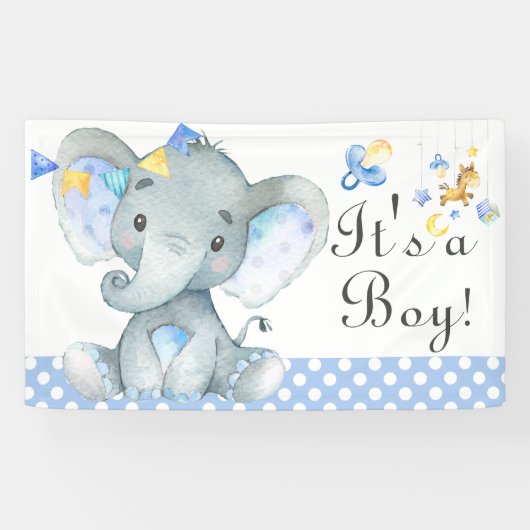 Blue Watercolor Boy Elephant Babydusche Banner (Horizontal)