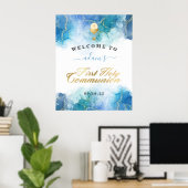 Blue Watercolor Boy First Heilige Kommune Willkomm Poster (Heimbüro)
