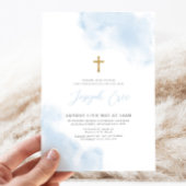 Blue Watercolor Boy Gold Cross Christening Taufe Einladung
