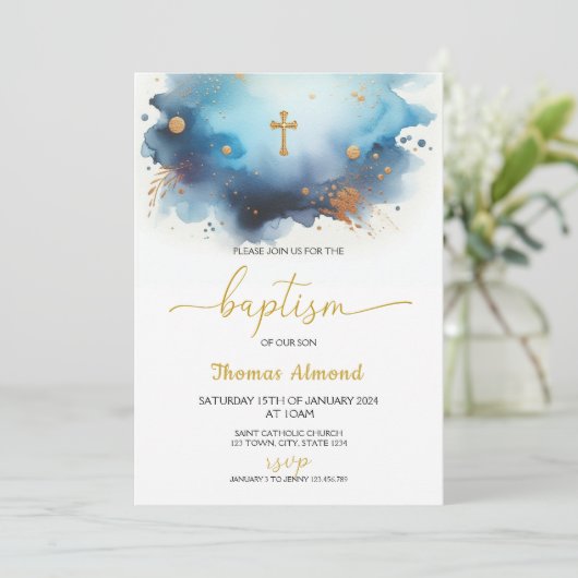 Blue Watercolor Boys Gold Taufe Einladung (Stehend Vorderseite)