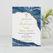 Blue Watercolor Boys Gold Taufe Einladung (Stehend Vorderseite)
