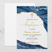 Blue Watercolor Boys Gold Taufe Einladung (Vorne/Hinten)