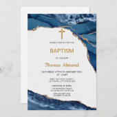 Blue Watercolor Boys Gold Taufe Einladung (Vorne/Hinten)