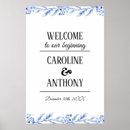 Blue Watercolor Branches Wedding Welcome Sign Poster