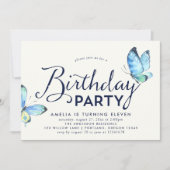 Blue Watercolor Butterfells Geburtstagsempfehlung Einladung (Vorderseite)