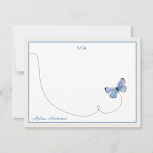 Blue Watercolor Butterfly in Flight Monogram Name Mitteilungskarte